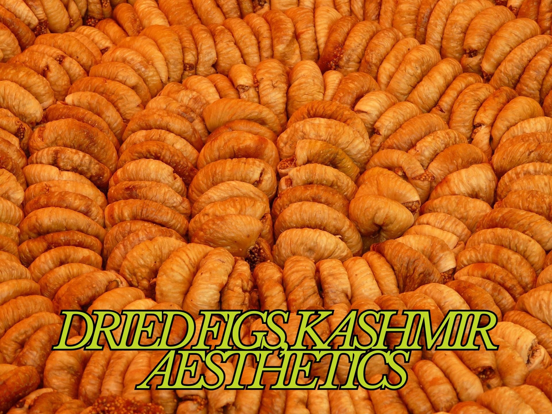 Premium golden dried figs from Kashmir arranged in neat rows, showcasing their natural wrinkled texture and rich amber color. High-quality Kashmiri dry fruits from Kashmir Aesthetics